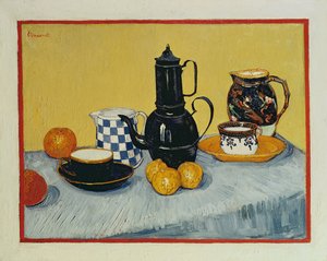 Stilleven met Blauwe Emaille Koffiepot, Aardewerk en Fruit, 1888